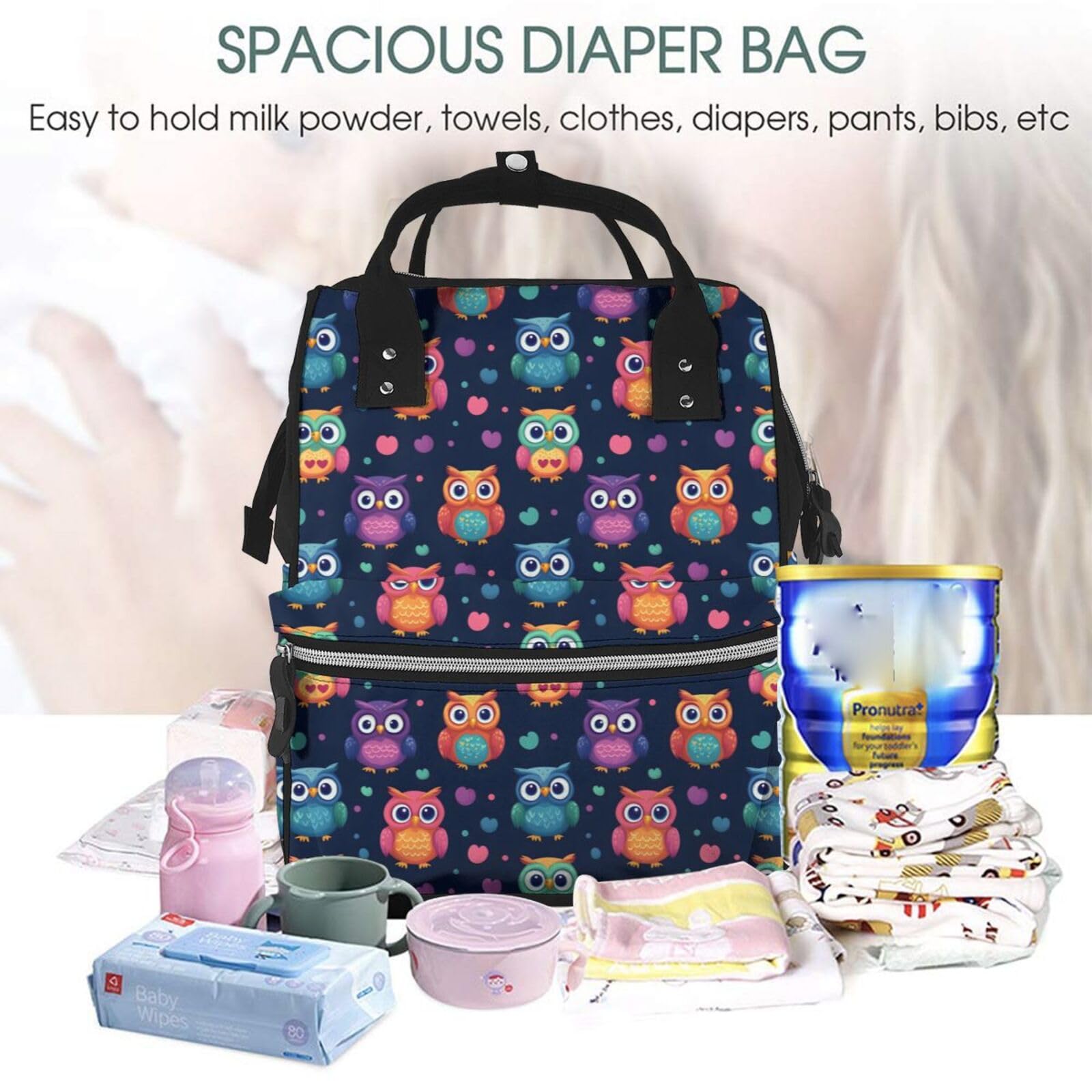 Wickeltasche mit süßem Eulen-Motiv, bunt, für Kleinkinder, Babys, Mädchen, Jungen, Wickeltasche für Mama, Papa, Mama, Reisetasche, Babytasche für Damen und Herren