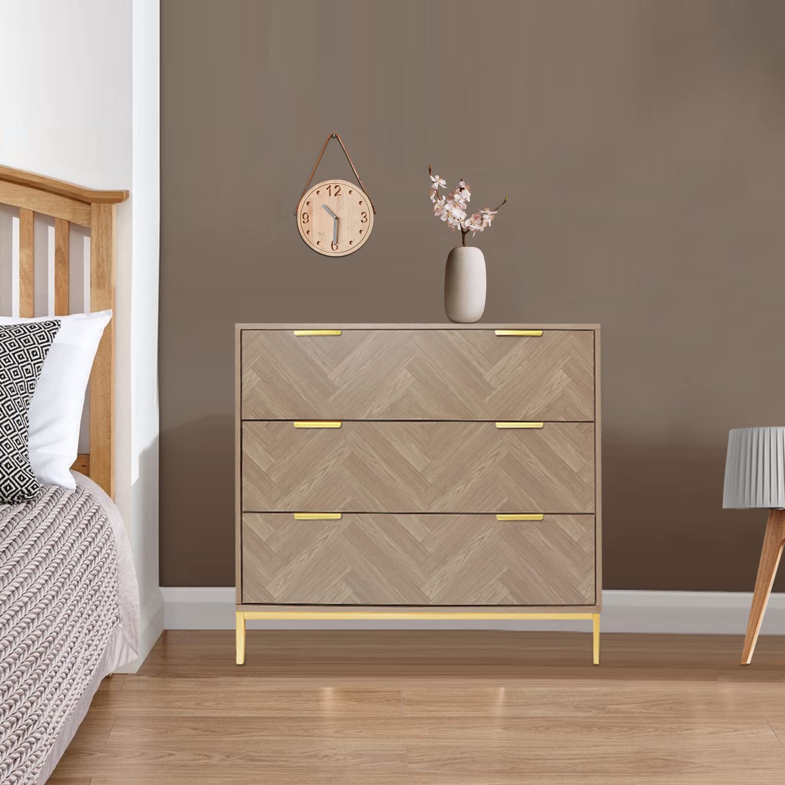 Anmytek Modern 3 Drawer Chest Dresser, Mid Century Natural Oak Organizer Bedroom Furniture with Gold Metal Legs H0037