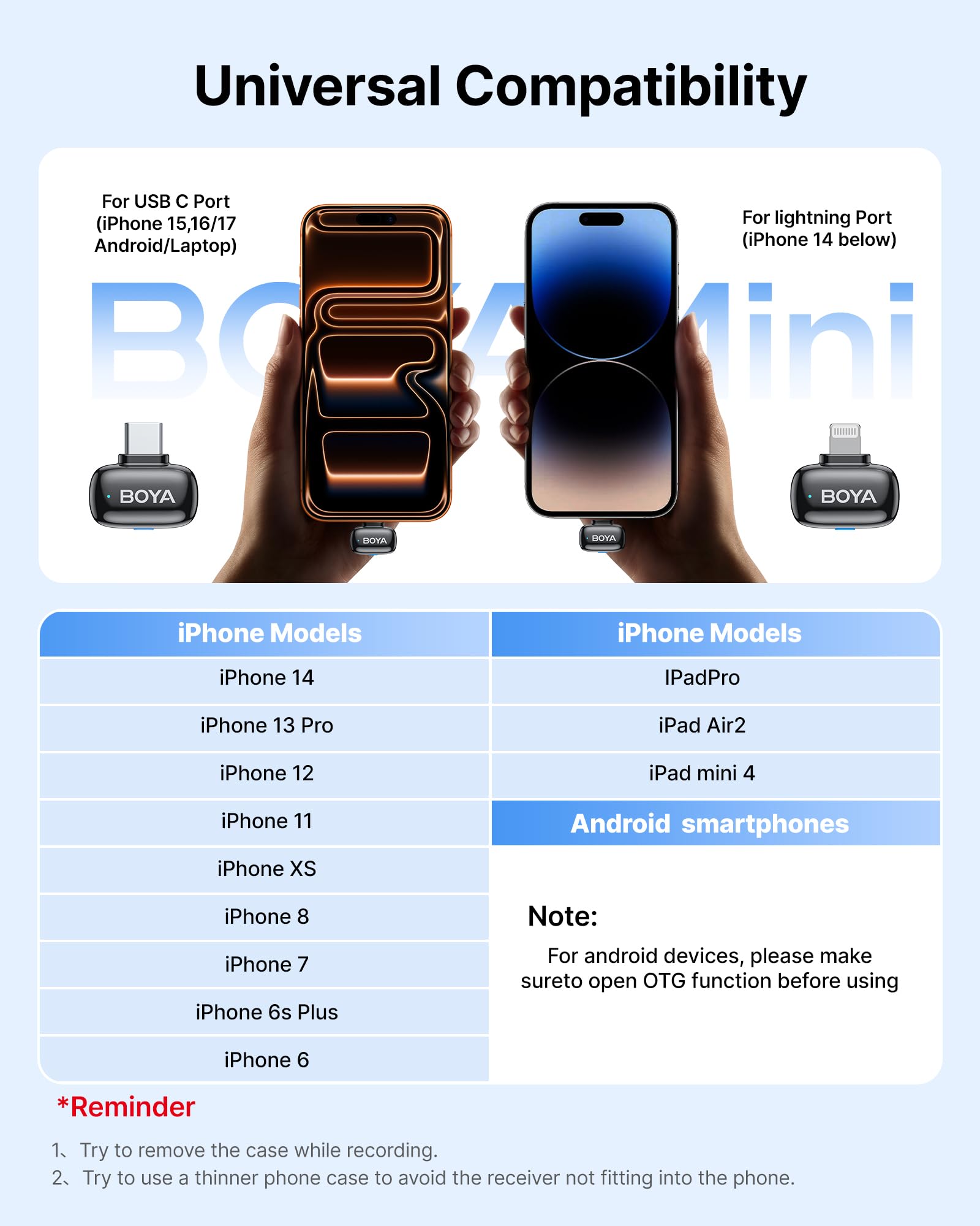 BOYA MINI Micro Cravate Sans Fil (2 TX + 2 RX USB-C & Ligthning + Boîtier de Recharge), 5 g Ultraléger, 48 kHz 24 bits, APP Contrôle, Wireless Microphone pour iPhone, Android, 30 h d’Utilisation, Vlog