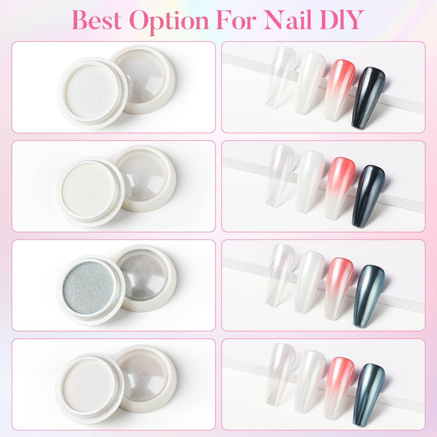 AIMEILI Pearl Chrome Nail Powder 4 Colors Aurora Metallic Holographic Mirror Effect Nail Art Pigment Iridescent Shell Glitter Nail Art Manicure Kit - Image 2