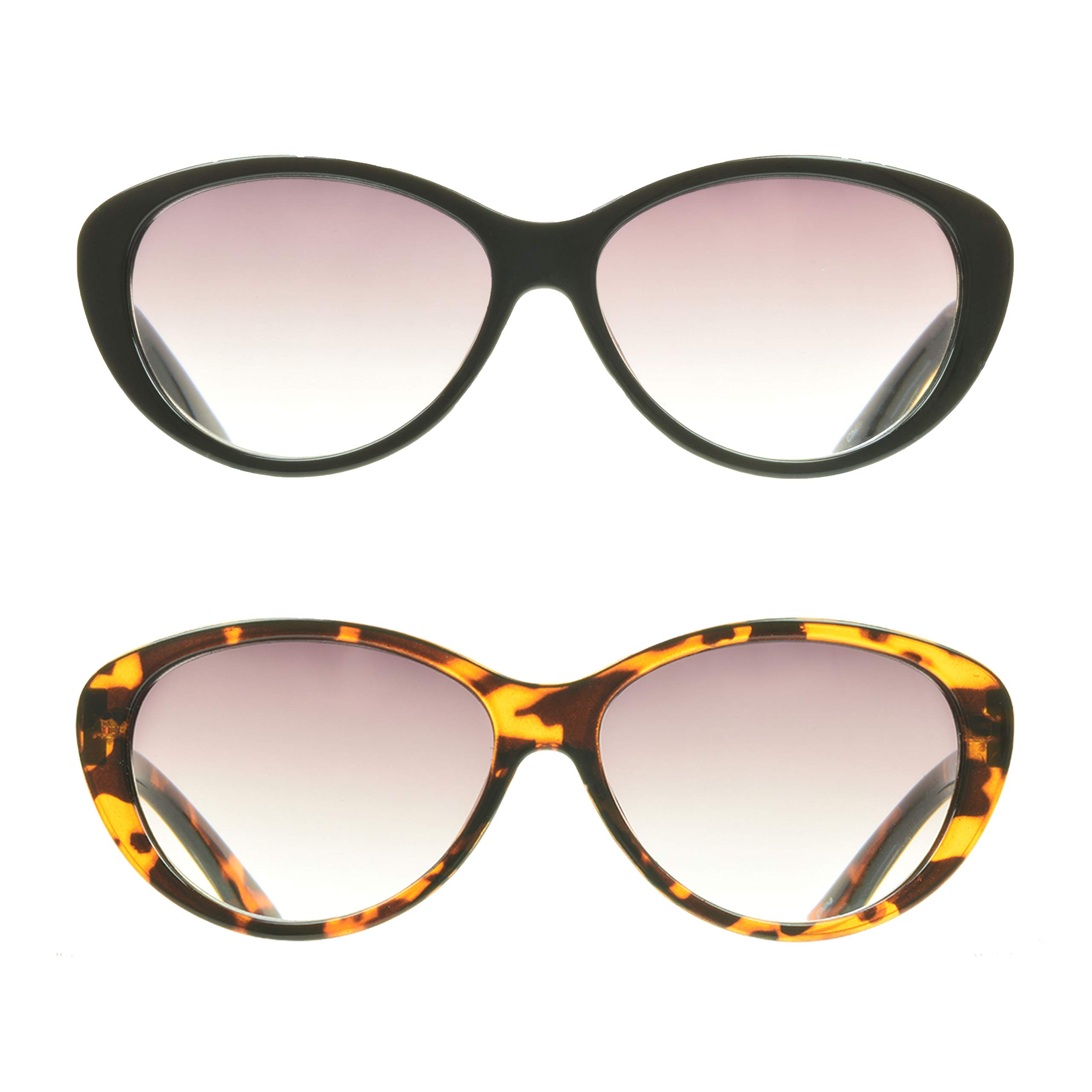 proSPORT Reader Sunglasses +2.00 Black and Tortoise Combo NOT BIFOCAL Cat Eye Frame Full Reading Smoke Lens for Women
