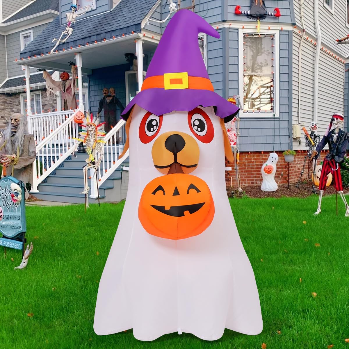 GOOSH 6.2 FT Halloween Inflatables Dog Outdoor Decorations Blow Up Yard Cute Puppy Ghost with Pumpkin with Built-in LEDs for Indoor Party Garden Lawn Holiday Decor