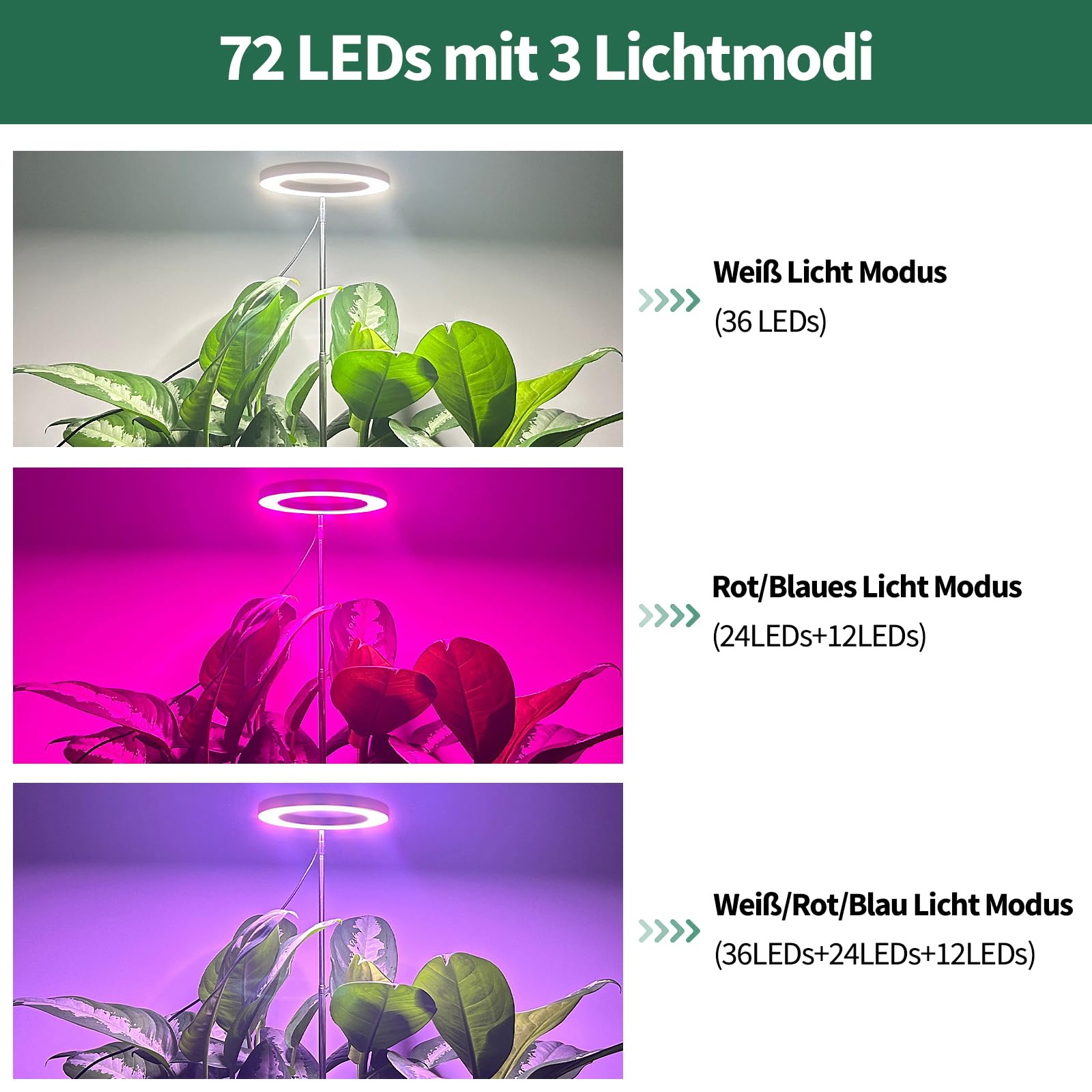 Qoolife Lampada a LED a spettro completo per piante da interno, 155 cm, altezza regolabile con 72 LED, 3 livelli di luminosità dimmerabili, timer 3/9/12 ore per piante da interni
