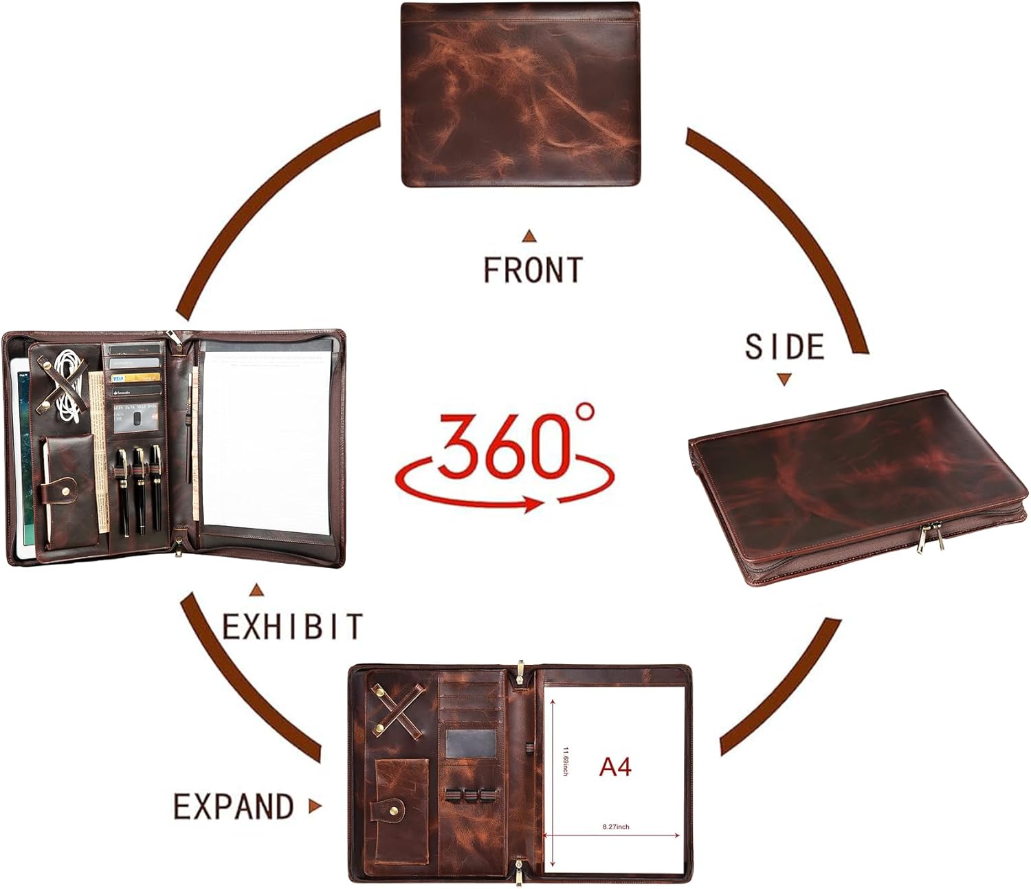 ハンドメイド ビンテージ レザー パッドフォリオ ポートフォリオケース ファスナー付き ビジネスオーガナイザー タブレットフォリオフ