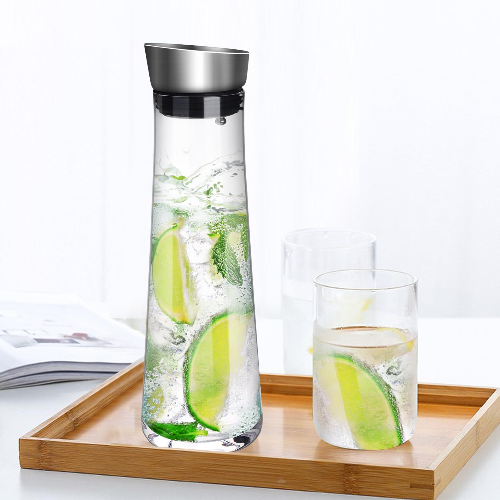 Brocca acqua vetro, caraffa per acqua, 1 litro, caraffa in vetro con coperchio, ideale per tè freddo, acqua calda e fredda, latte, caffè e vino