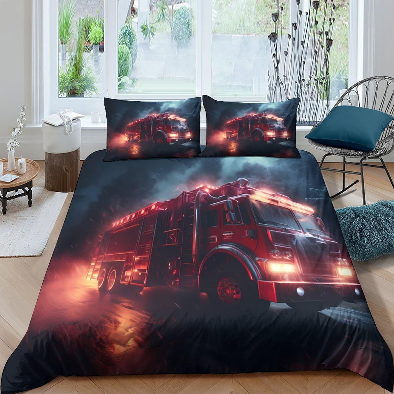 Ctjqhvkz Style-9 3D Printed Fire Truck Fitted Sheet Microfiber Black Red Flames Bed Cover Non-Slip Bedroom Dorm Mattress Decor Single（135X200cm）