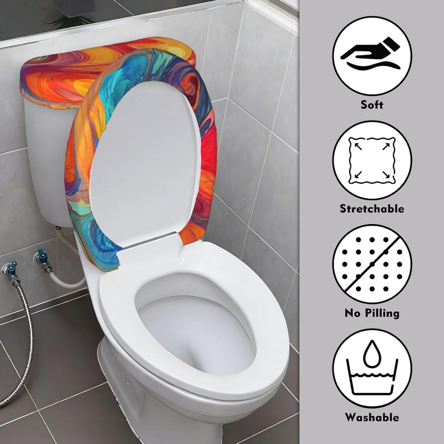 2 Pcs Toilet Lid Cover and Toilet Tank Lid Cover, Washable Toilet Cover with Elastic Bottom Replacement Soft Stretch Toilet Seat Cover Set Artistic effect colorful Bathroom Decor image 3
