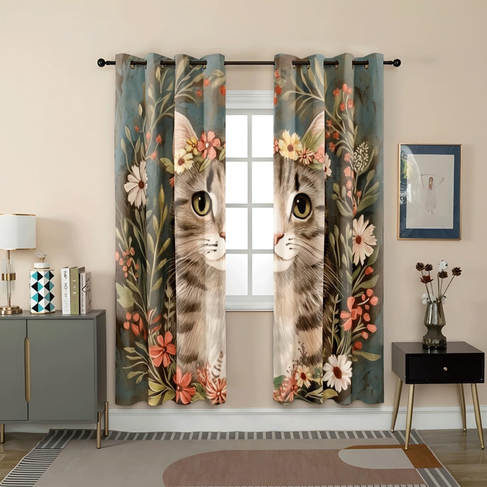 Curtain Retro Grün Braun Vorhang mit Ösen Verdunkelungsvorhänge Polyester Gardinen Waschbar Blackout Curtain Living Room Vorhänge mit Ösen Schlafzimmer Verdunklungsvorhang Thermogardine 2x140x160cm