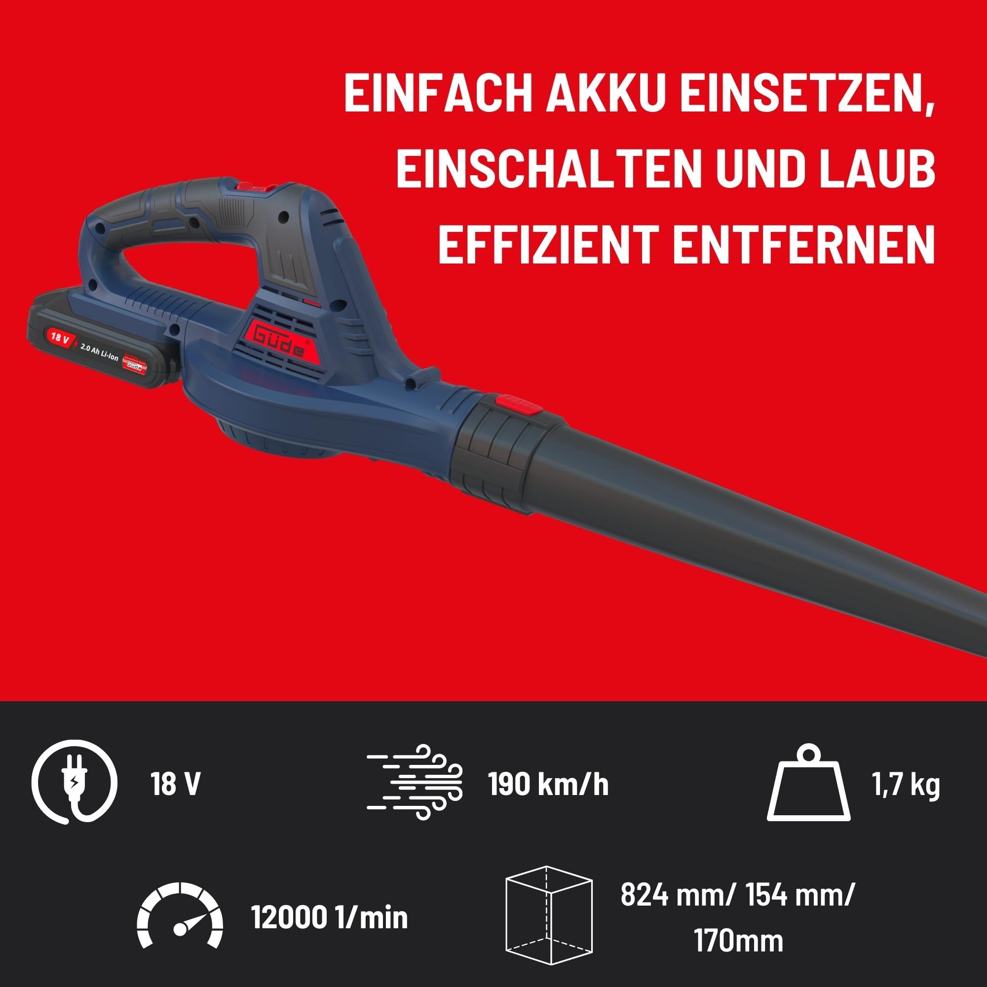 Güde Soplador de Hojas 58589 LB 18-201-05 (18 V, Easy Energy Exchange), Color Azul, Negro y Rojo