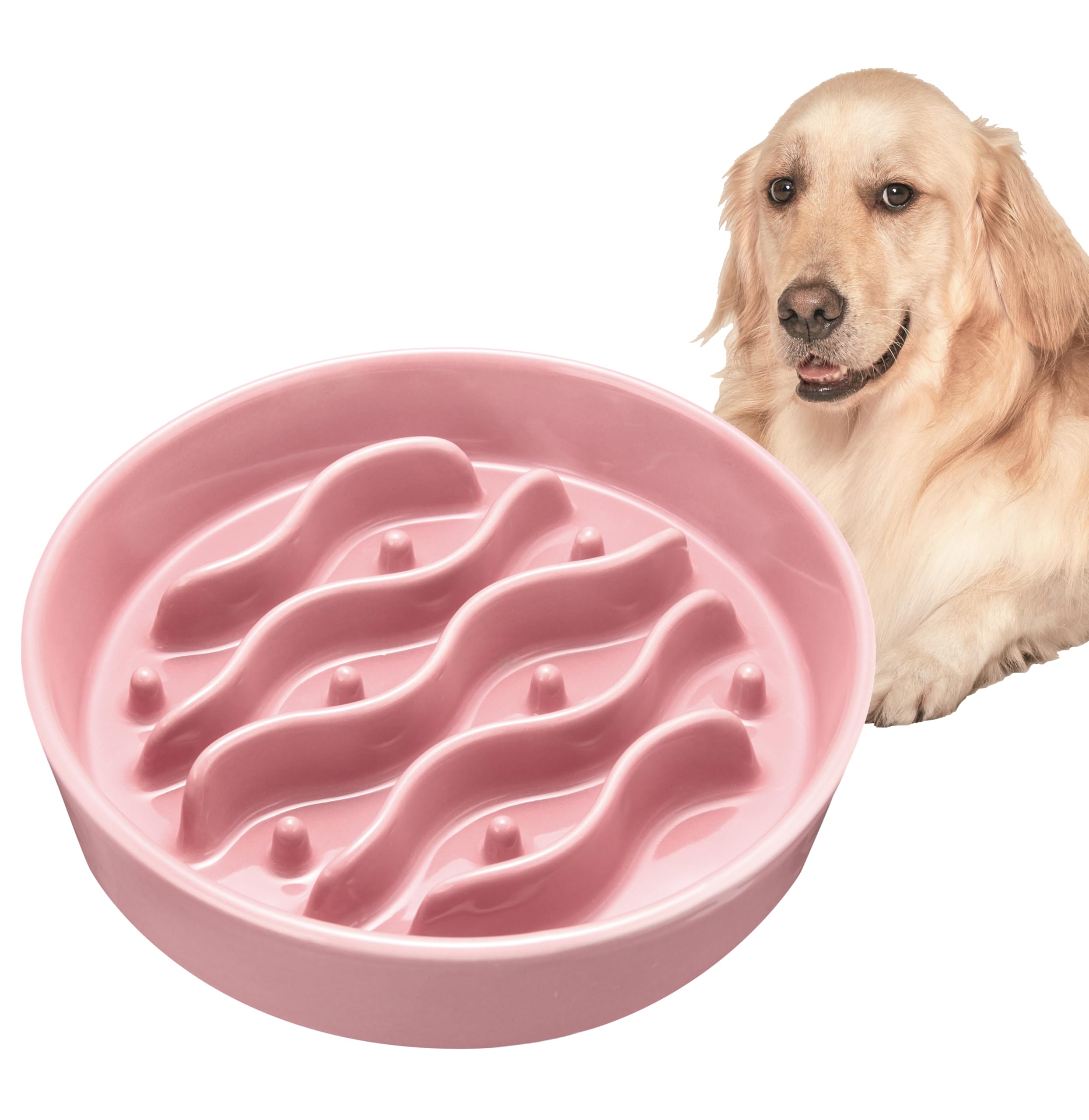 Ceramic Slow Feeder Dog Bowls for Medium and Large Breed, 8-Inch Dog Slow Feeder Bowl for Fast Eaters, 33oz, Salmon Pink