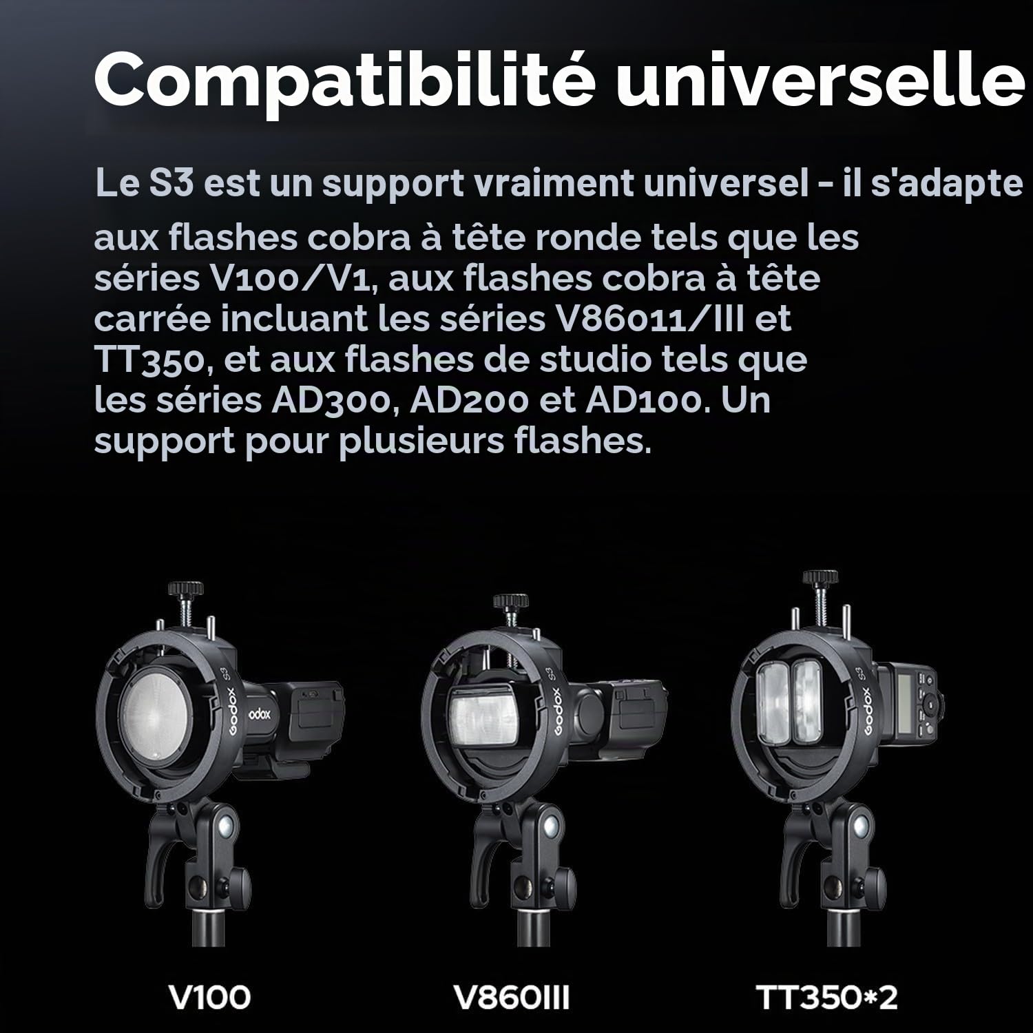 Godox S3 Support Flash (𝐒𝟐 𝐔𝐩𝐠𝐫𝐚𝐝𝐞), avec Baïonnette Bowens et Sabot Froid pour Godox AD200Pro, AD300Pro, AD400Pro, AD100Pro, V1, V860III, TT600, TT350. Support Flash pour Softbox et Snoot.