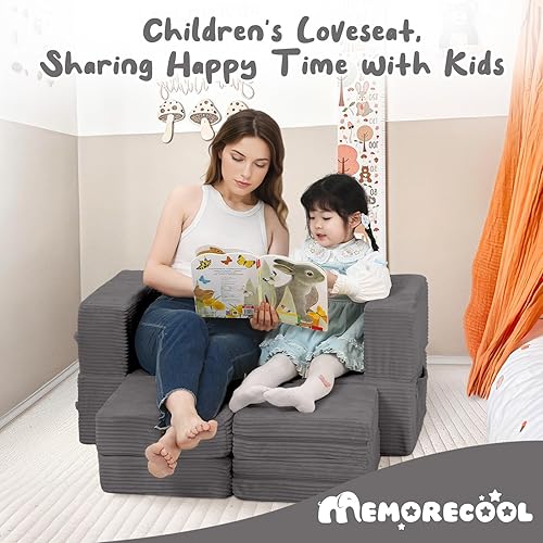 Miniatura 93 de MeMoreCool Sofá modular para niños, sofá convertible suave para niños, silla de espuma de felpa plegable gris para diversión en la sala de juegos de