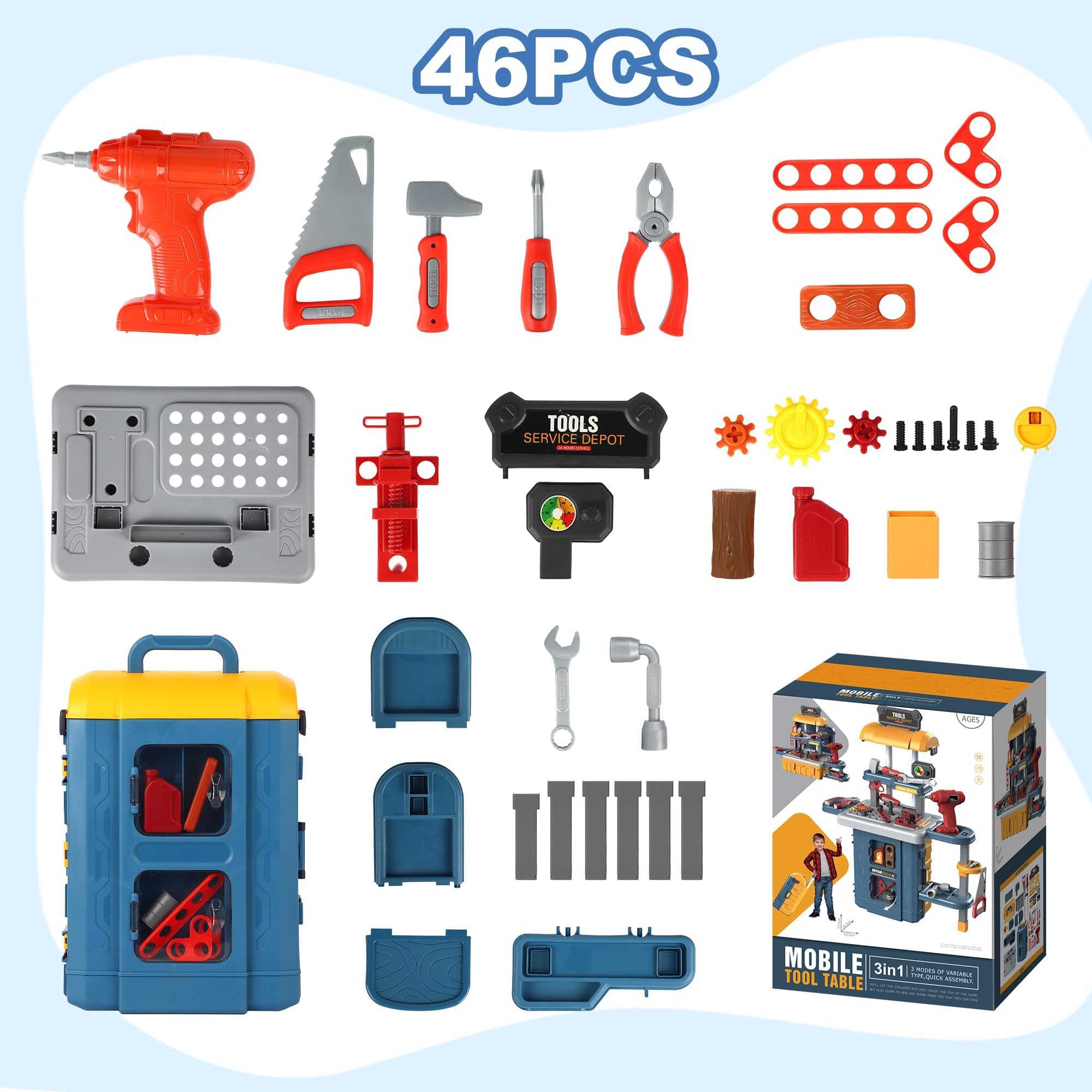 3 en 1 Outils et Etabli Werkzeugkoffer Kinder Werkzeug - 46 Pièces Etabli Enfant Spielzeug Boite Outils Jouet Bricolage Enfant mit Électrique Perceuse, Cadeau Noël pour Enfant 3 Ans+