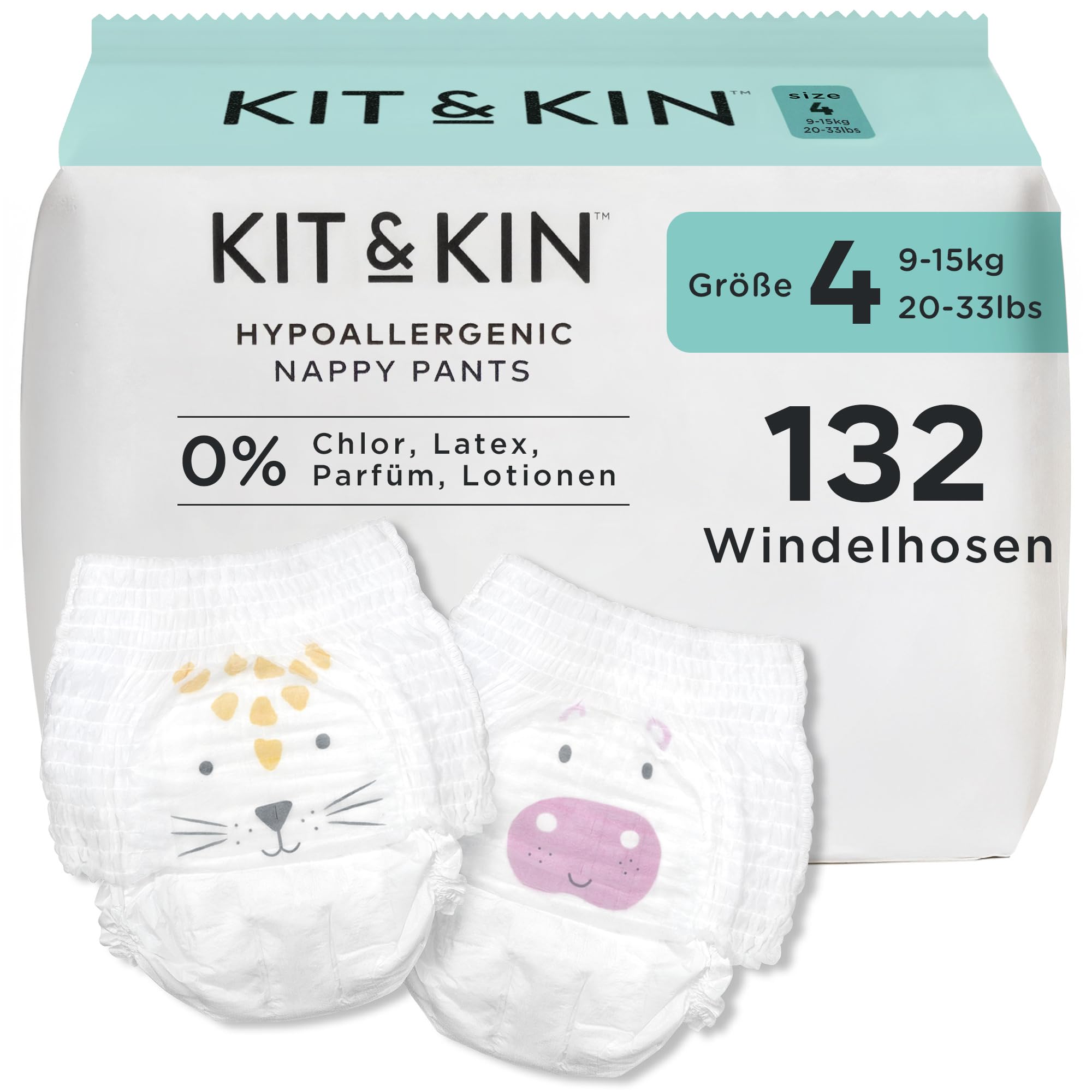 Kit & Kin Premium Windeln Pants Größe 4 (9-16 kg), 132 Windeln, Pflanzliche & Hypoallergene Windelhöschen, Zuverlässiger Auslaufschutz, Vegan & Tierversuchsfrei