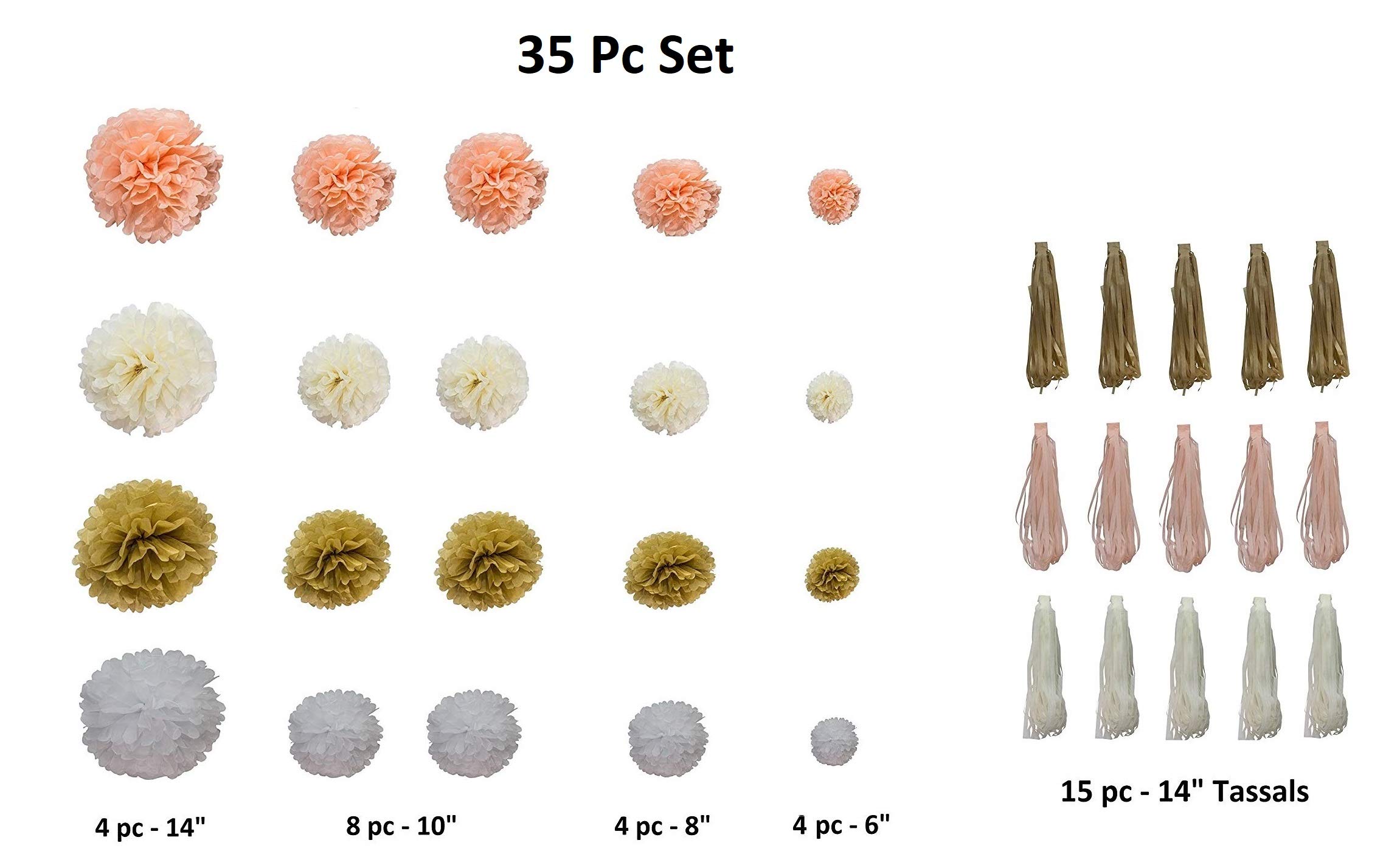 35 Pcs Tissue Paper Pom Poms Tassel Kit Paper Flowers Great for Wedding Bridal Shower Birthday Office Party Baby Nursery Decor Gold Champagne Peach Ivory White (14