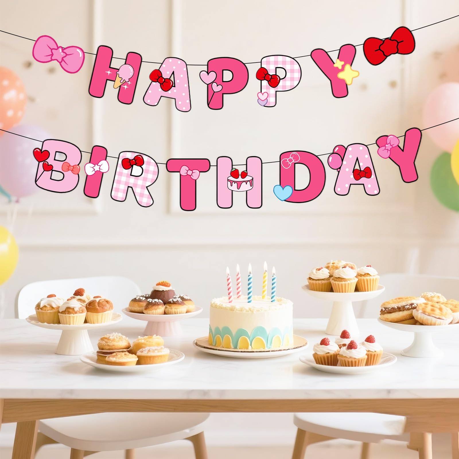 Bannière Joyeux Anniversaire Rose Avec Nœuds – Décor Fête Princesse – Dimensions 20x15 Cm Par Lettre – En Carton – Prête à Suspendre