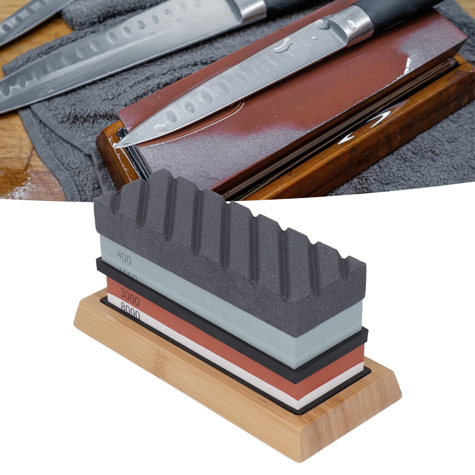 Kit Pietra per Affilare Coltelli Professionale Grana 400/1000 e 3000/8000 per Chef Casalinghi e Appassionati di Cucina Set Base in bambù con