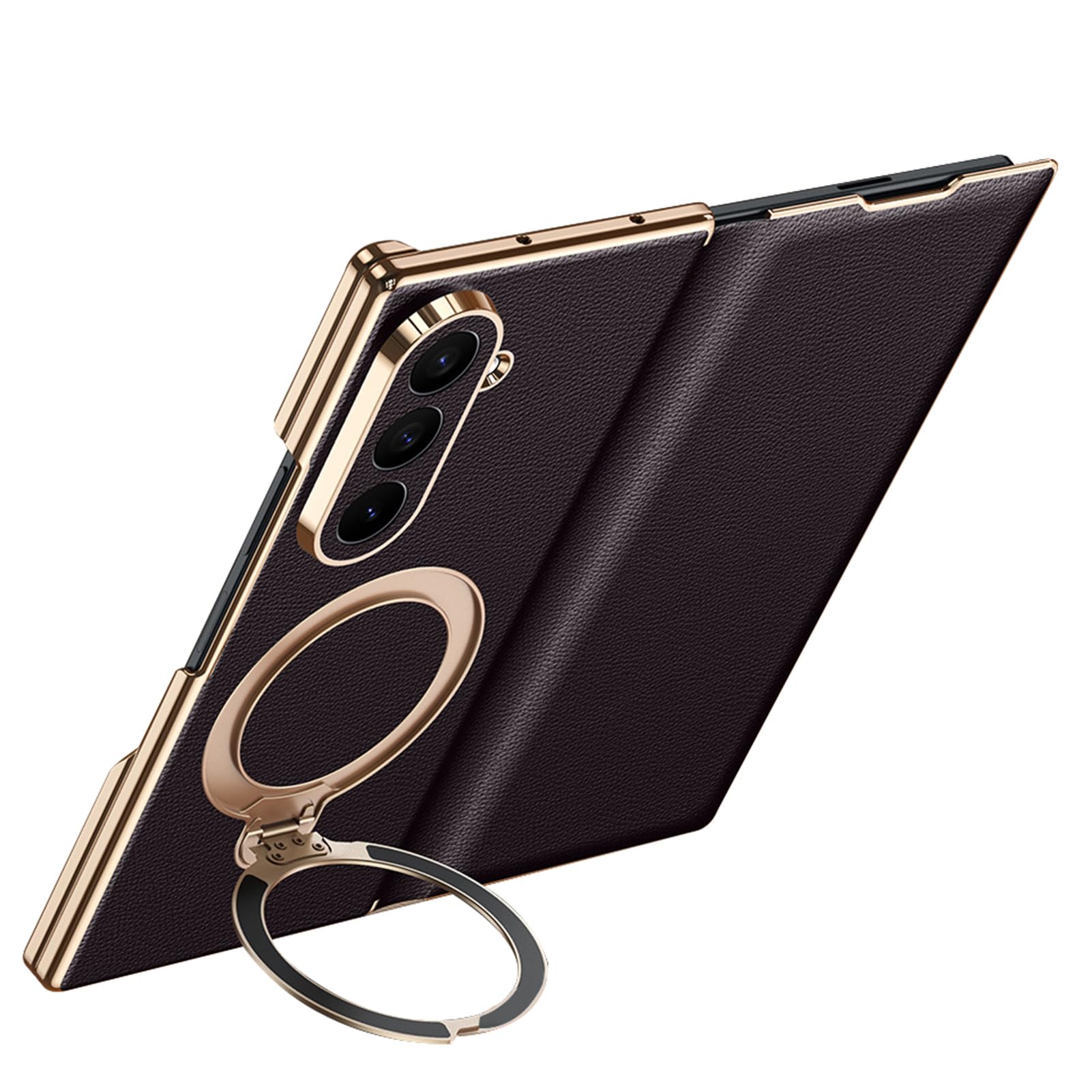 Per Samsung Galaxy Z Fold 8 Ultra Custodia Pelle, Anello, Bordo Oro | Folio a libro di lusso fatto a mano con anello. Stand regolabile, protezione lente totale, cover leggera(Brown)