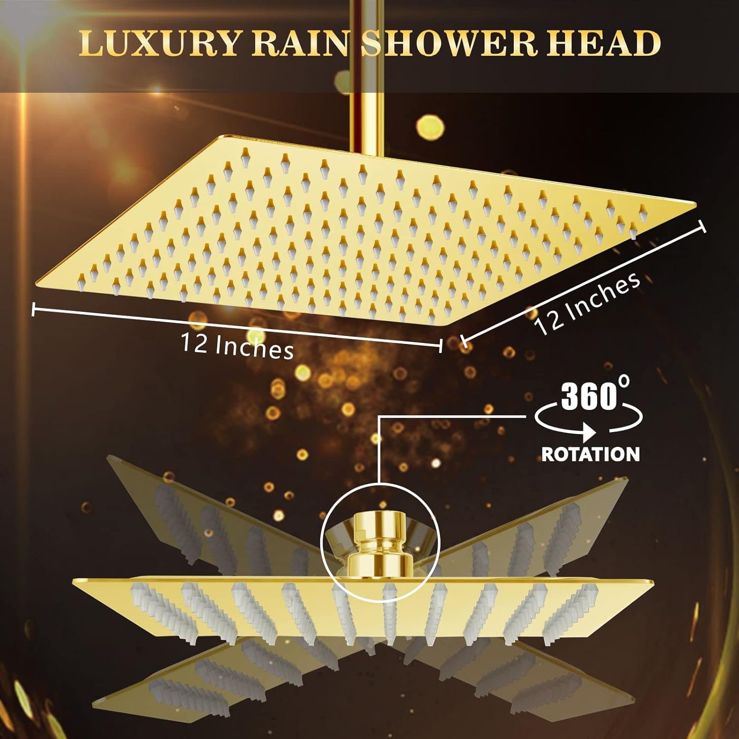 Voolan Rain Shower Head - High Flow Large Rainfall Shower Heads Made of Stainless Steel - Waterfall Bathroom Square Showerhead - Ceiling or Wall Mount (12" Gold)