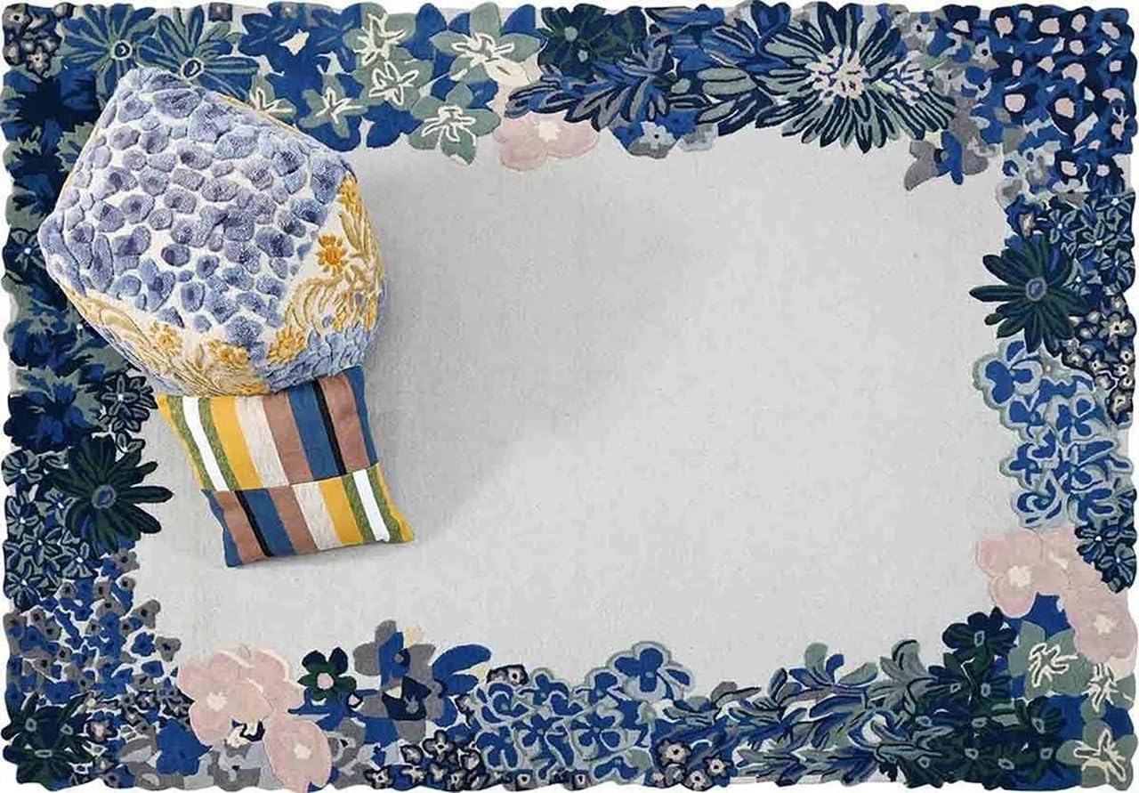 10x14 Ft Hand Tufted Wool Area Rug, Elegant Floral Border Design Blue & Ivory Modern Botanical Carpet for Living Room Bedroom Home Décor