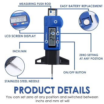 Tyre Tread Depth Gauge UK, 0-25.4mm/Inch Digital Tire Checker