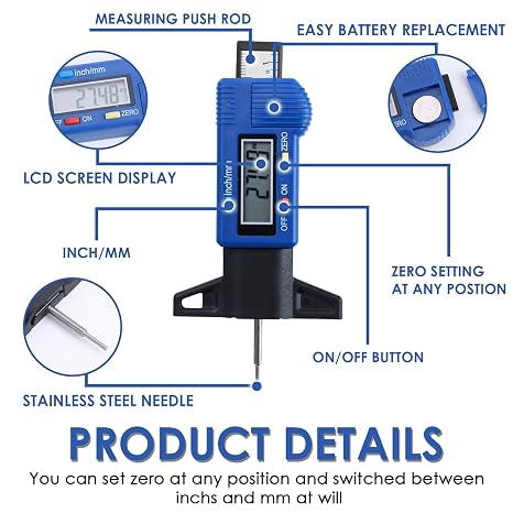 Tyre Tread Depth Gauge UK, 0-25.4mm/Inch Digital Tire Checker
