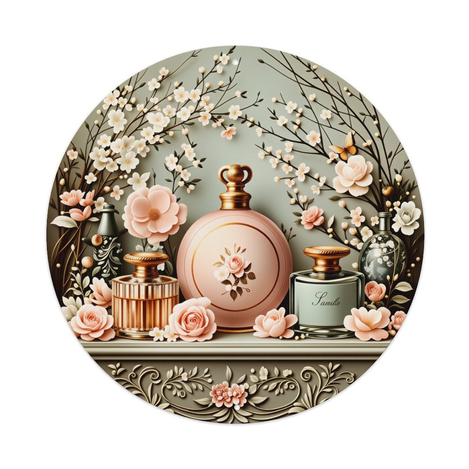 Floral Pattern With Roses And Cherry Blossoms Metal Tin Sign Vintage Garden Bedroom Cafe Bar Man Cave Home Wall Decor Metal Poster 8x8 inches