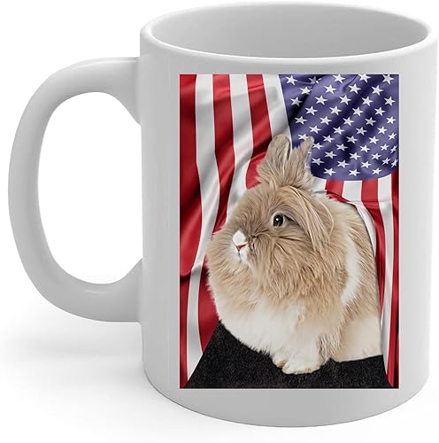 Lovesout Taza de café con diseño temático americano con conejo cabeza de león de oro blanco, taza de té de cerámica blanca de 11 onzas, regalo para