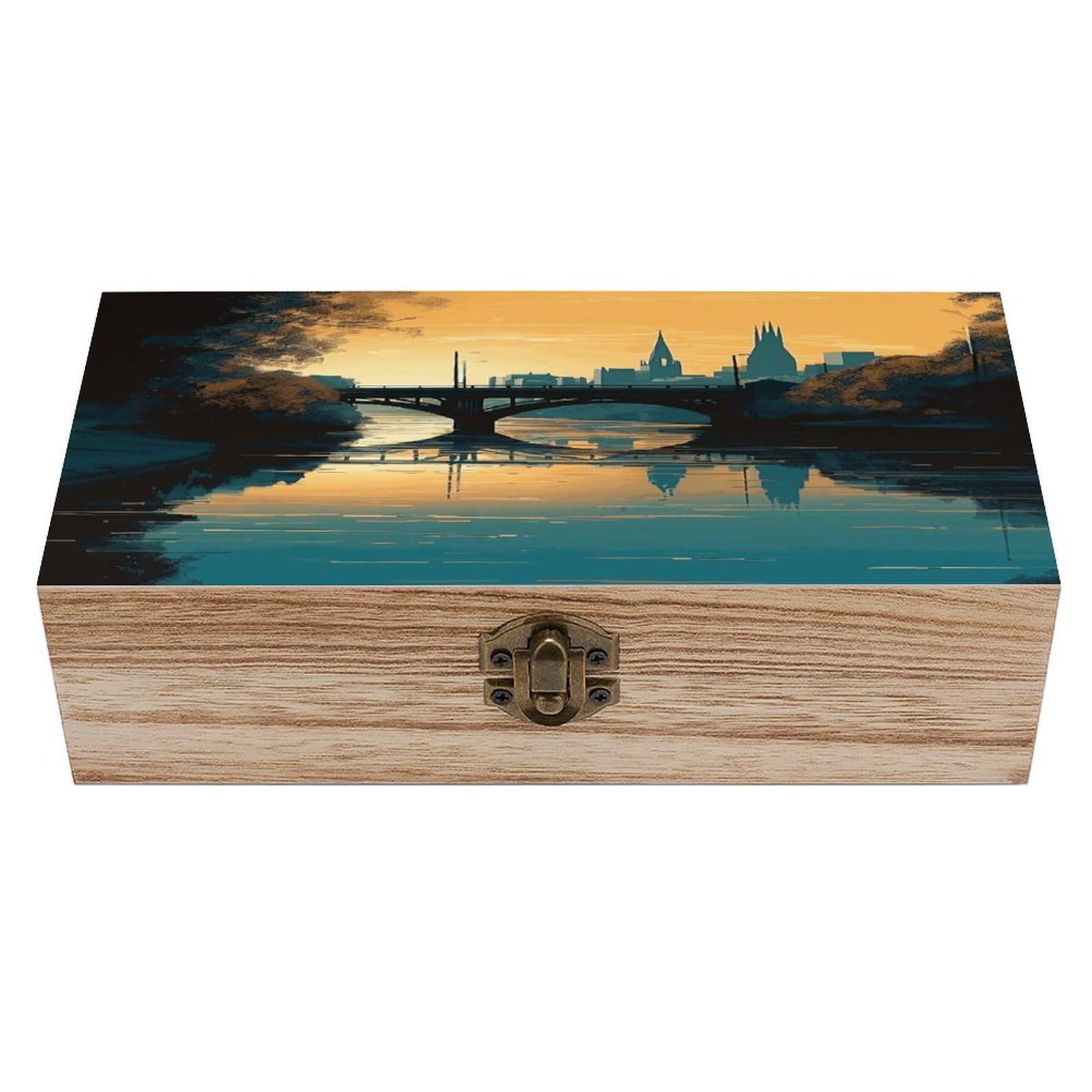 Btcowzrv Style Hand Drawn Buildings Wooden Storage Box, Keepsake Box With Hinged And Retro Lock, Wood Jewelry Organizer For Photos & Mementos And Home Decor