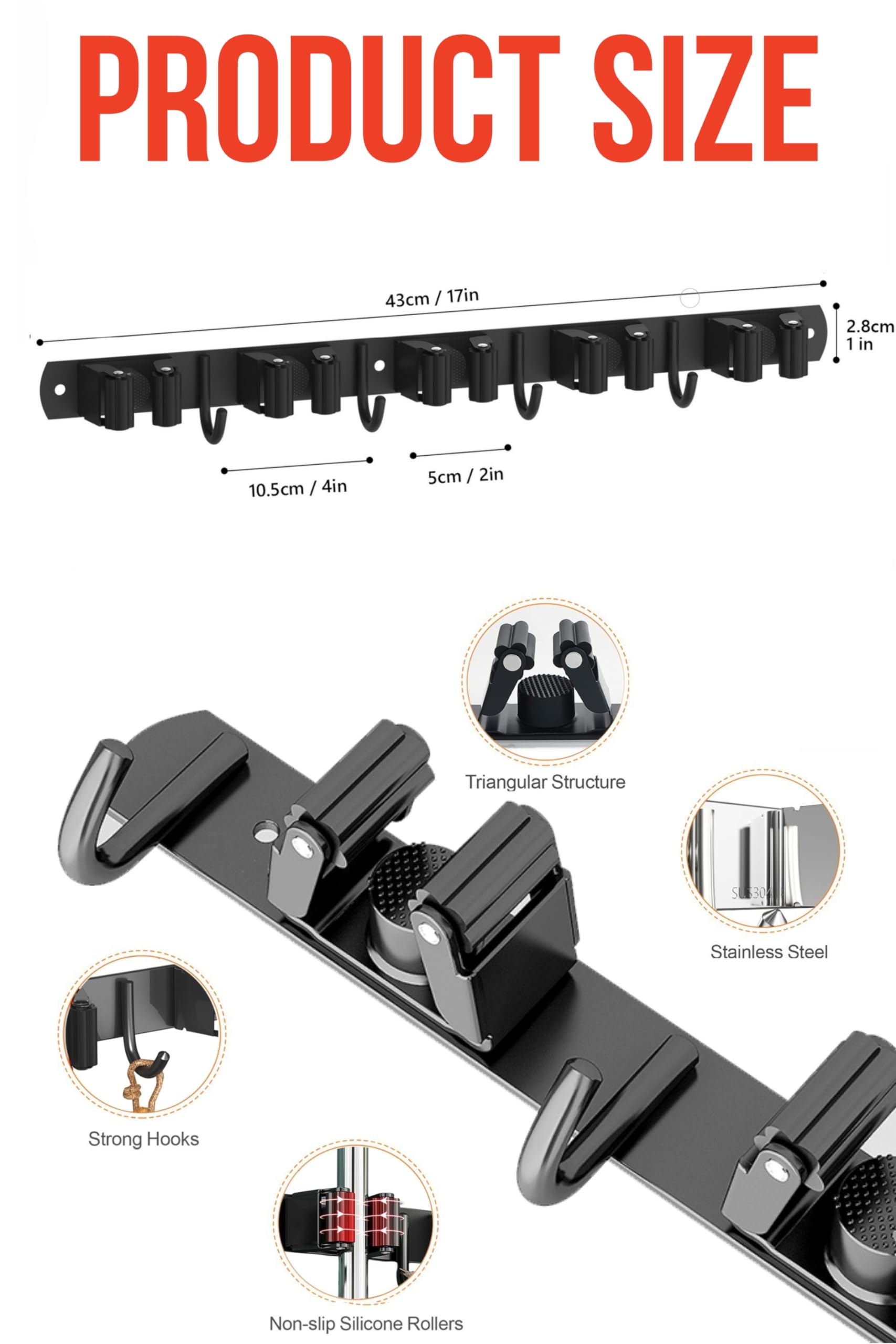 Soporte de pared para fregona y escoba, soporte de pared mejorado, organizador de escobas de acero inoxidable para armario, garaje, lavandería, cocina, decoración de pared (5 estantes, 4