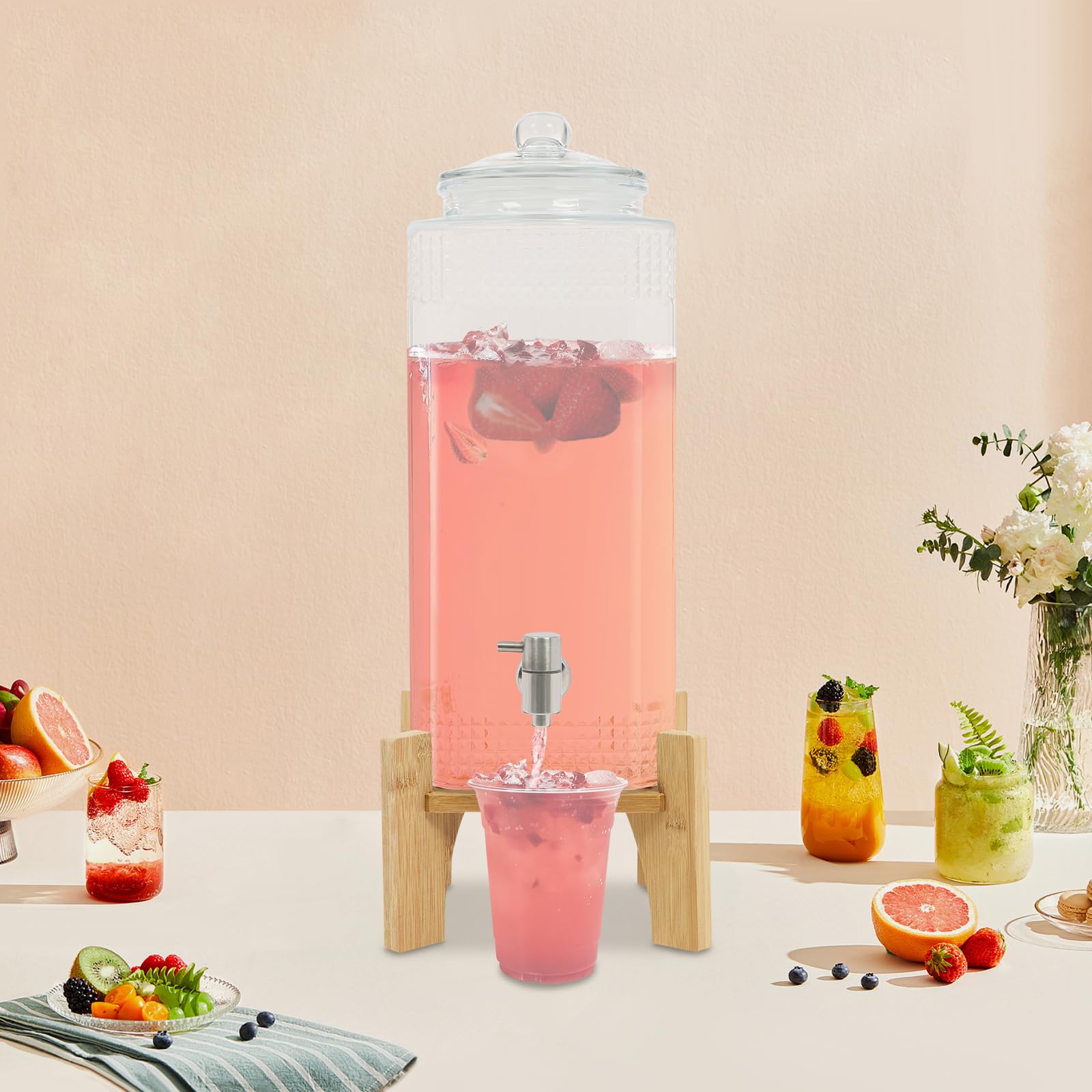 Dispenser di bevande da 10 l con rubinetto, dispenser d'acqua con supporto, bottiglia di vetro e rubinetto in acciaio inox, per bevande calde o fredde, succhi e bevande da tè