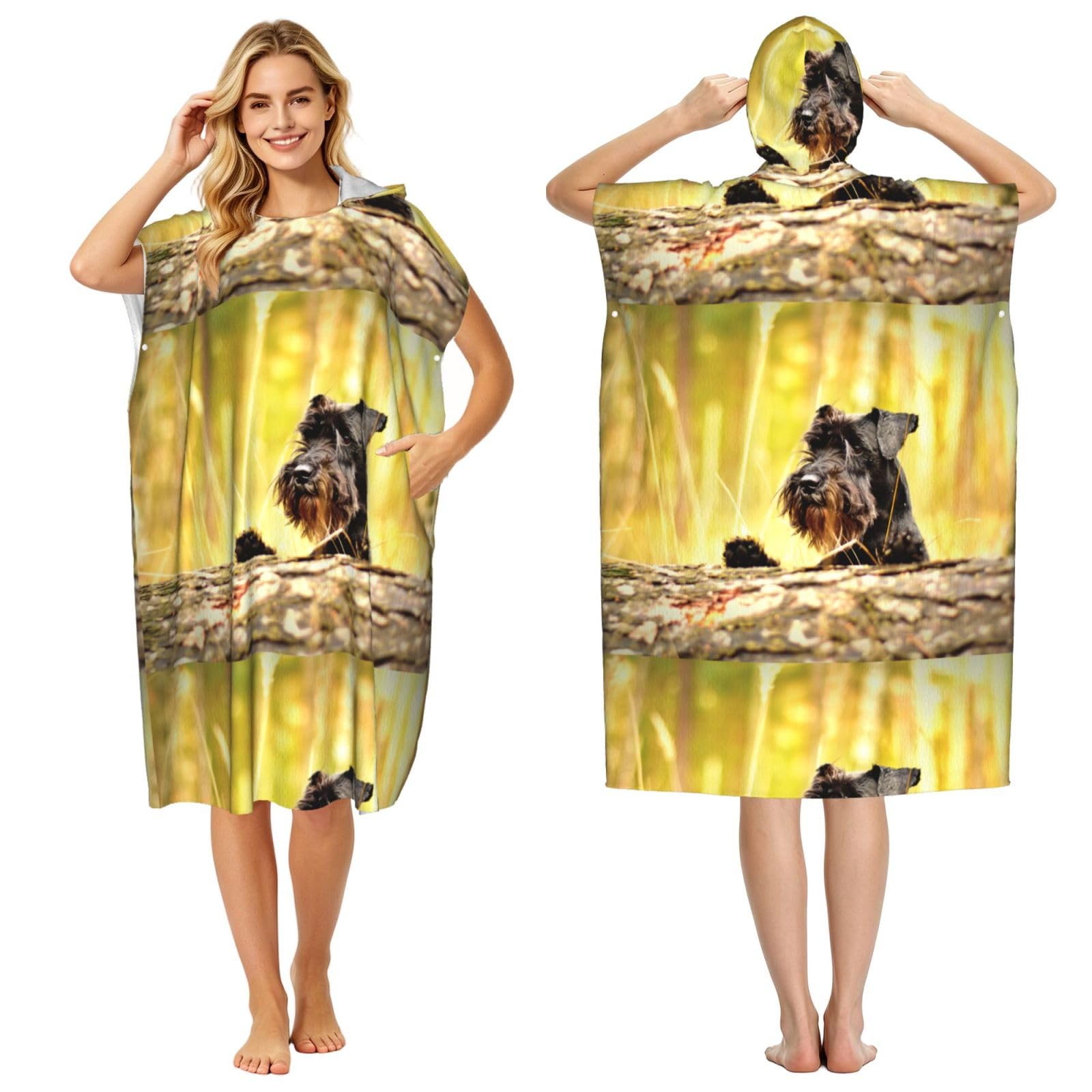 Poadnly Miniature Schnauzer Pets Black Dogs, Adult Hooded Beach Towel 90 x 110 cm,Changing Bath Robe, Surf Poncho Towel For Women Men