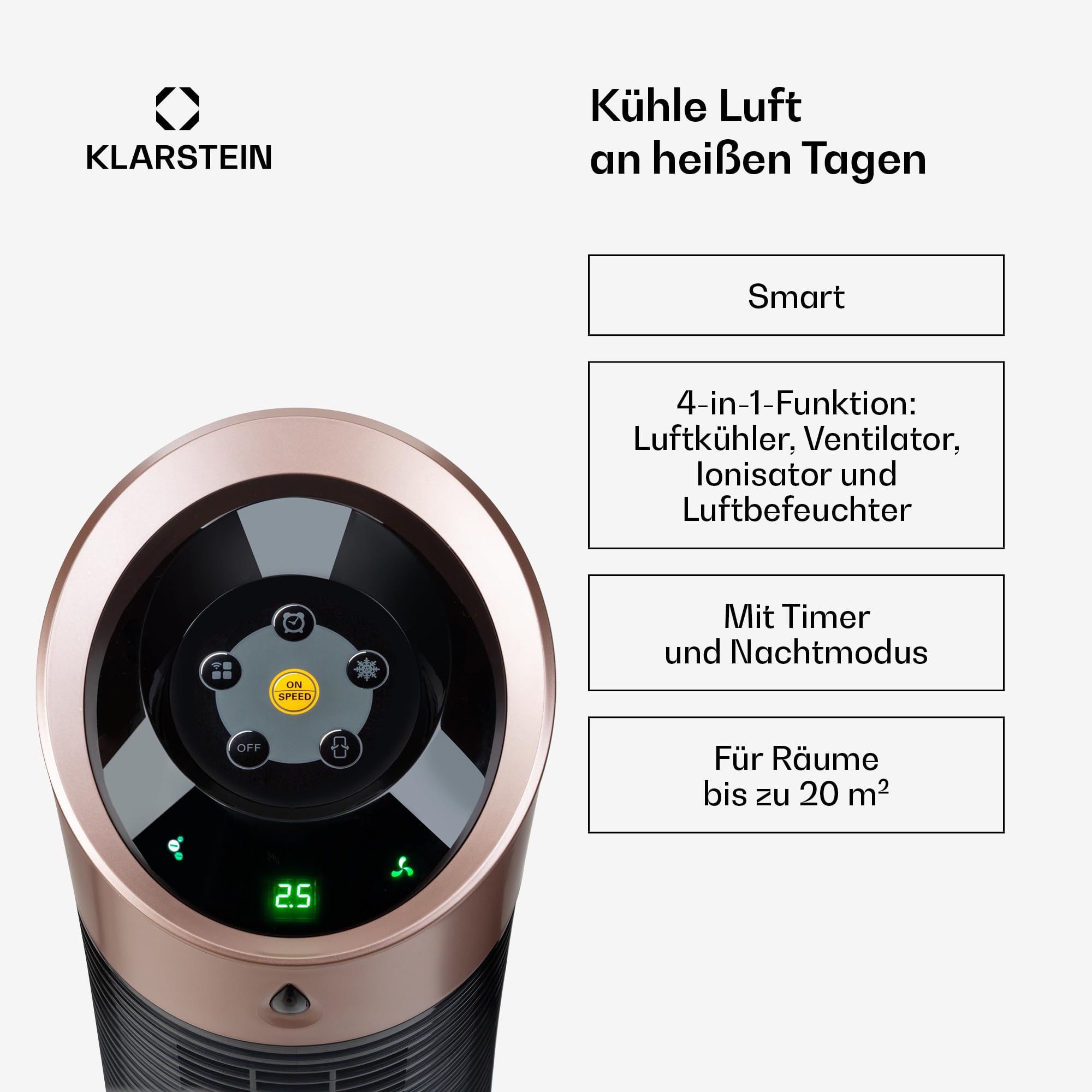 Klarstein Skyscraper Ice Smart Ventilator Mit Wasserkühlung – 4-in-1 Luftkühler, Ventilator, Luftreiniger & Luftbefeuchter, 180 m³/h, Smart App & Alexa Steuerung, 6L Tank, Timer, für Zuhause, Rosegold