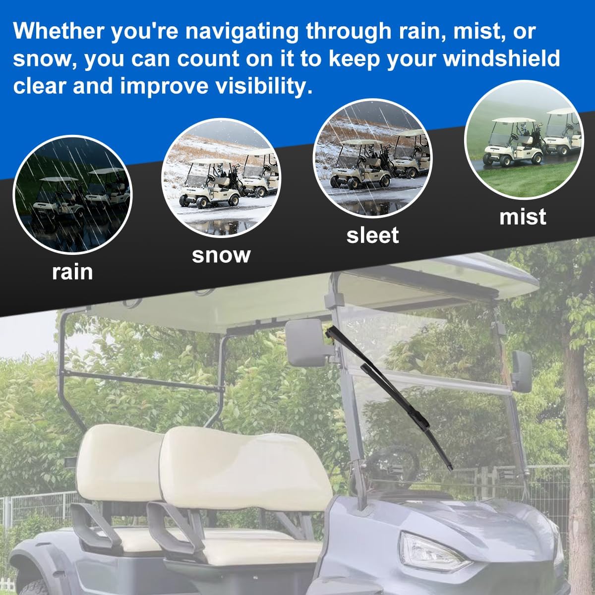 No Drill Universal Golf Cart Windshield Wiper Blade Kit with Manual Wiper Arm and Bracket, Fit for Ezgo | Yamaha | Club Car, with A Frameless Wiper Blade Replacement