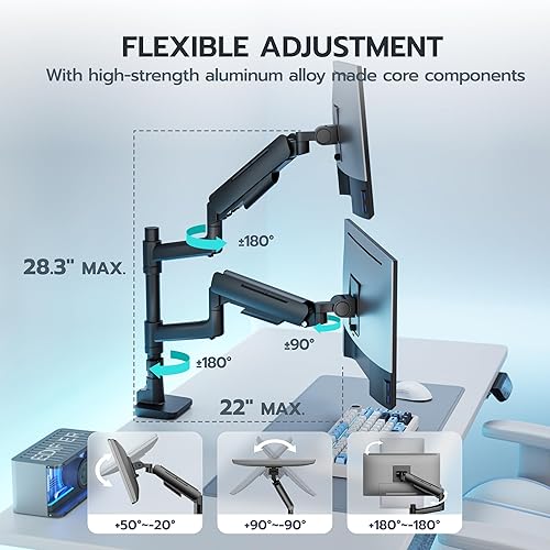 Miniatura 7 de ARES WING Soporte de monitor doble para pantalla curva ultra ancha de 17 a 49 pulgadas, soporte de escritorio con brazo para monitor de computadora,