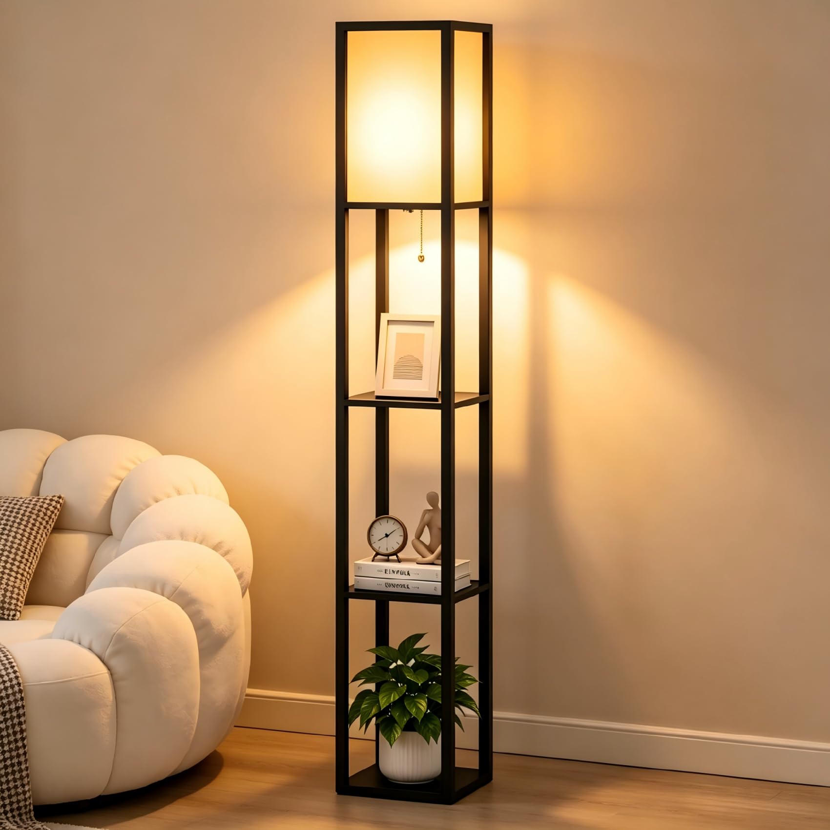 ARTETHYS Floor Lamp with Shelves, Standing Lamps for Living Room, Tall Lamp with LED Bulb, 3-Tier Storage Shelf, Modern Standard Wooden Lamp for Bedroom, Home Office, Black