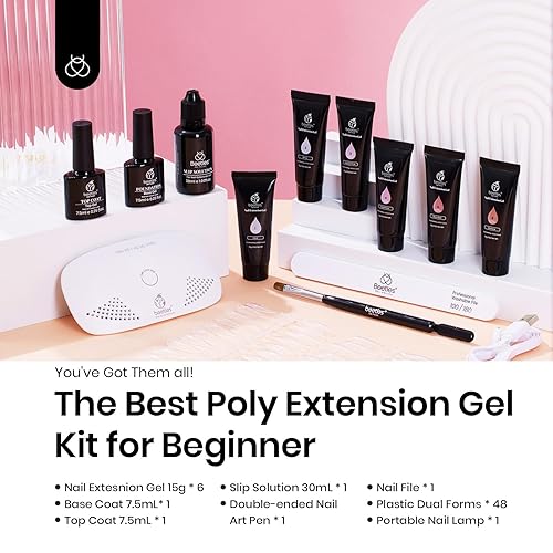 Miniatura 34 de Beetles - Kit de gel de extensión de uñas de polietileno con luz UV: juego de 6 colores de gel constructor rosa con purpurina blanca con capa base