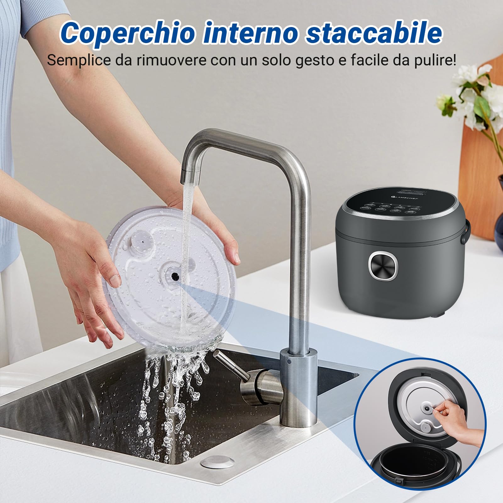 AMZCHEF Mini Cuociriso 2L, Multifunzionale per 1-4 Persone, 4 Tazze (Non Cotte) 400W Rice Cooker, 7 Funzioni di Cottura, con Cestello Vapore Incluso, Preimpostata e Mantenimento in Caldo