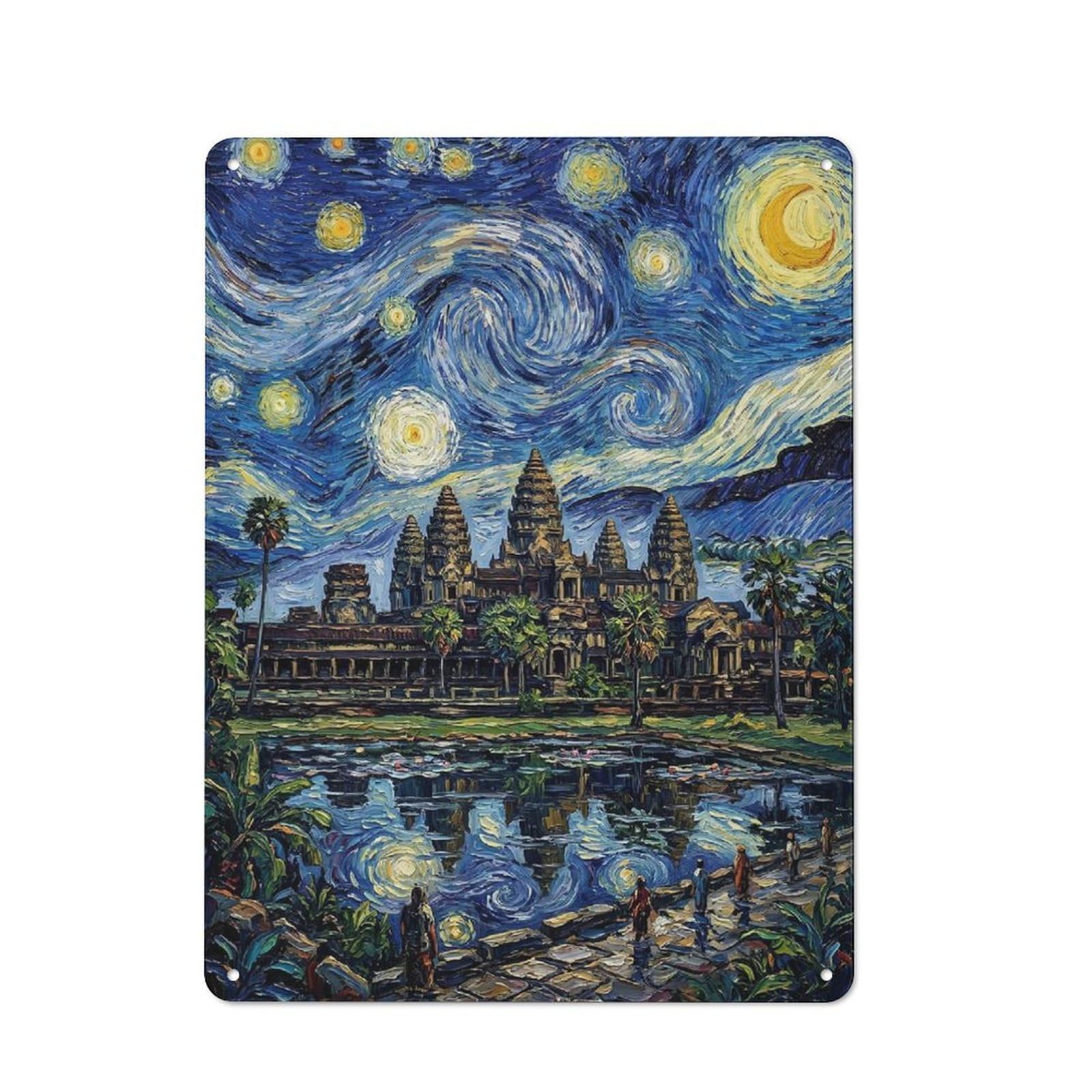 Junmoney Style-13 Angkor Wat Starry Night Painting Decorative Tin Sign 40X30cm, Country Country Wall Plaque For Dining Room, Cafe, Entryway Or Family Room