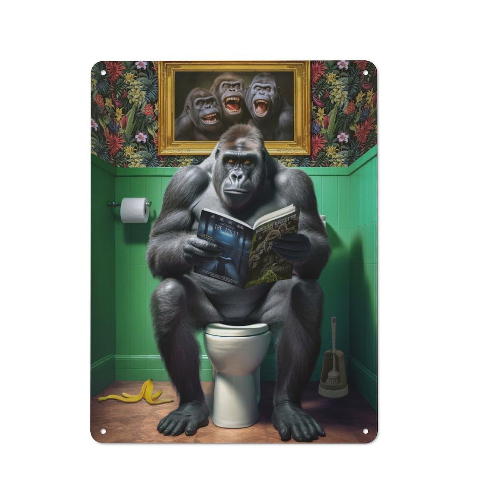Junmoney Gorilla On The Toilet Friendly Metal Wall Decor 40X30cm, Decorative Metal Plaque For Coffee Bar, Small Shop Or Dining Room