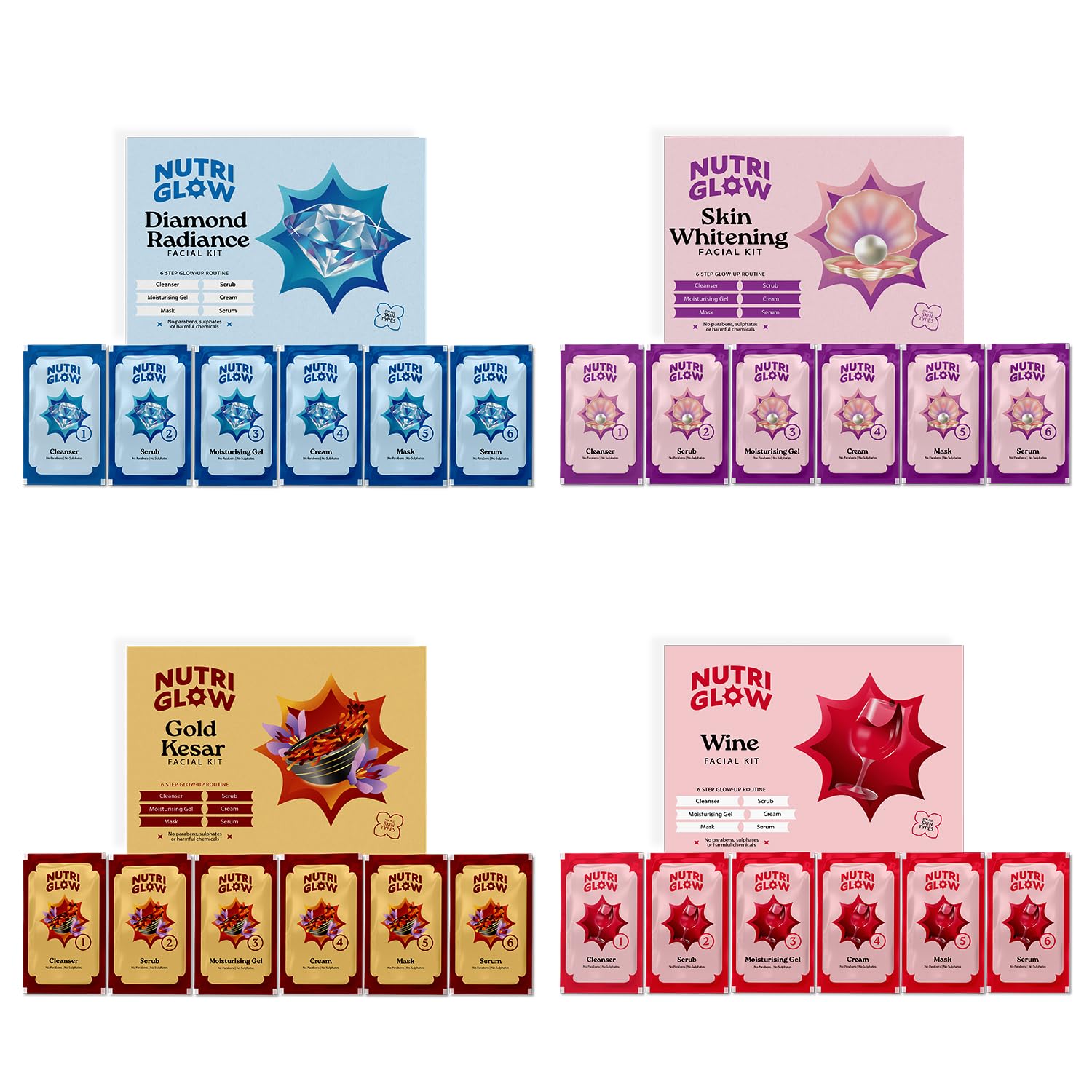 NATURAL'S Advanced Pro Formula Diamond Radiance,Gold Kesar,Wine Facial Kit For Skin Tone Correction Reduce Blemishes & Hyper Melanin Reduction, 10gmx6 Each, Pack of 4