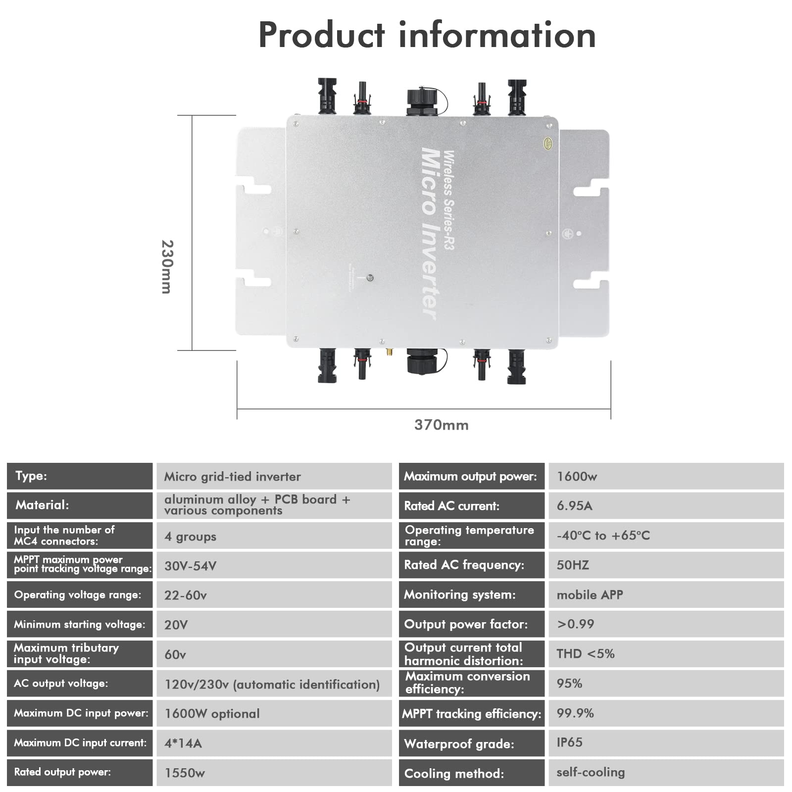 Microinverter Fotovoltaico In Rete,Jadeshay Solar Micro Inverter 1600W Grid Tie Inverter MPPT inverter fotovoltaico, con sistema di monitoraggio Wi-Fi, per pannello solare fotovoltaico