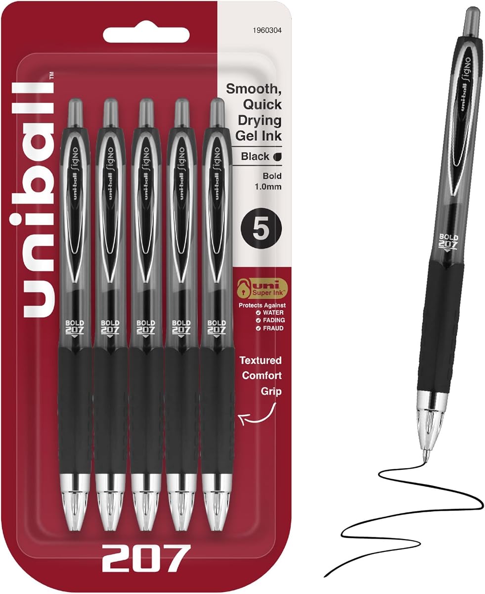 bolígrafos de gel uniball™ 207, tinta negra, punta negrita de 1,0 mm, retráctiles, 5 unidades | Escritura fluida, resistente al fraude, uni Super Ink™