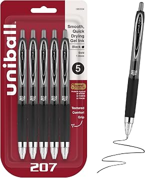 uniballTM 207 Gel Pens, Black Ink, 1.0mm Bold Point, Retractable, 5 Count | Smooth Writing, Fraud-Resistant, uni Super InkTM