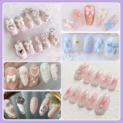 Miniatura 9 de Juego de 120 dijes de lazo de uñas 3D + perlas de uñas de 0.079 a 0.178 pulgadas, 1, 6 colores lindos dijes de lazo y perlas blancas con cola de gel