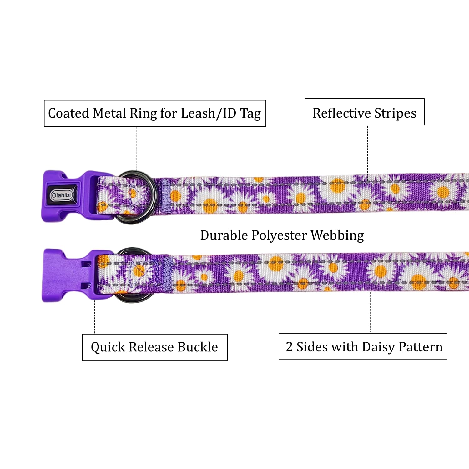 Olahibi Dog Collar and Leash Combo Set, Cute Daisy Pattern, Polyester Material, with Reflective Stripes, 150CM Leash - Image 3