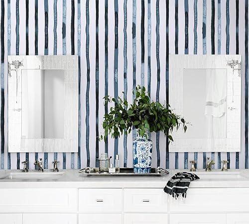 Miniatura 4 de Guvana Papel tapiz de rayas azules y blancas, papel tapiz de acuarela azul marino, papel tapiz autoadhesivo extraíble, papel tapiz de 17.3 x 118