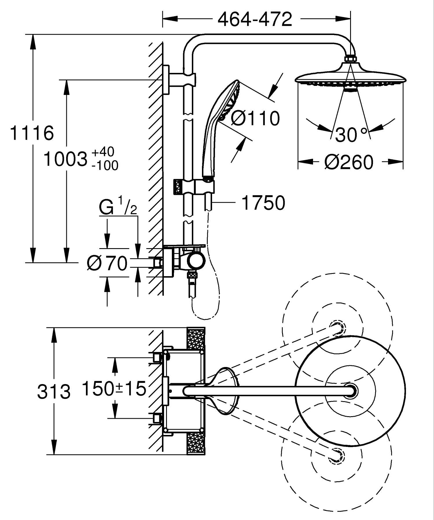 GROHE QuickFix Vitalio Joy 260 - Columna de ducha con termostato (mural 26cm, teleducha 11cm, 3 chorros, flexo 1.75m, repisa, QuickSpanner incl.), cromo, 26403002 [Clase de eficiencia energética A]