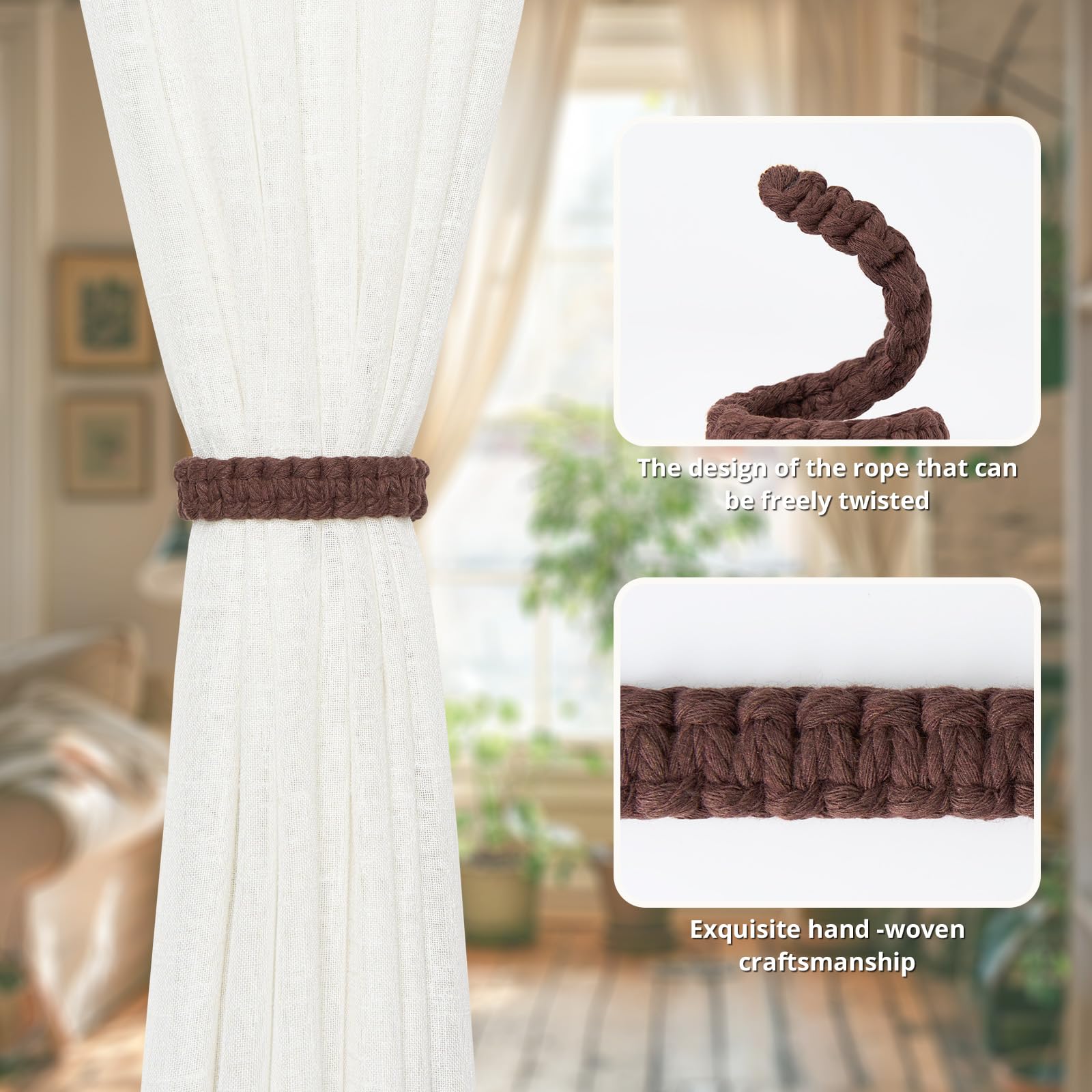 Pretty Jolly 2 Pack Natural Cotton Rope Curtain Tiebacks Farmhouse Rustic Style Decorative Drape Tie Backs Handmade Braided Curtain Holdbacks for Home Sheer/Light Weight Drapery (C-Coffee-S) - Image 3