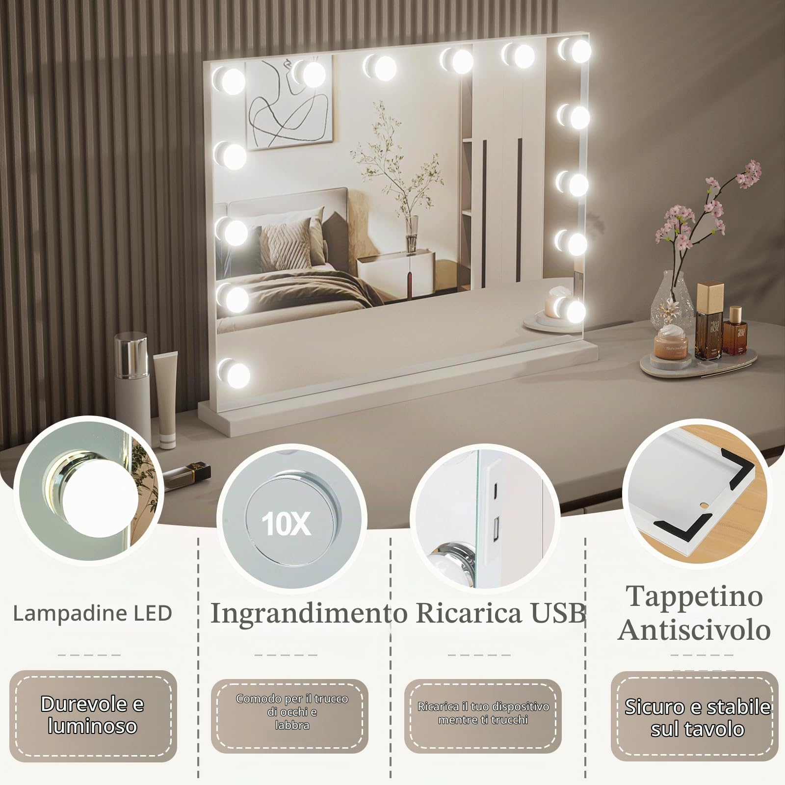Specchio Trucco con Luci 50x42 cm, Specchio Trucco con Luci Regolabili da Parete, 3 Modalità, Memoria Intelligente, Controllo Touch, Bianco